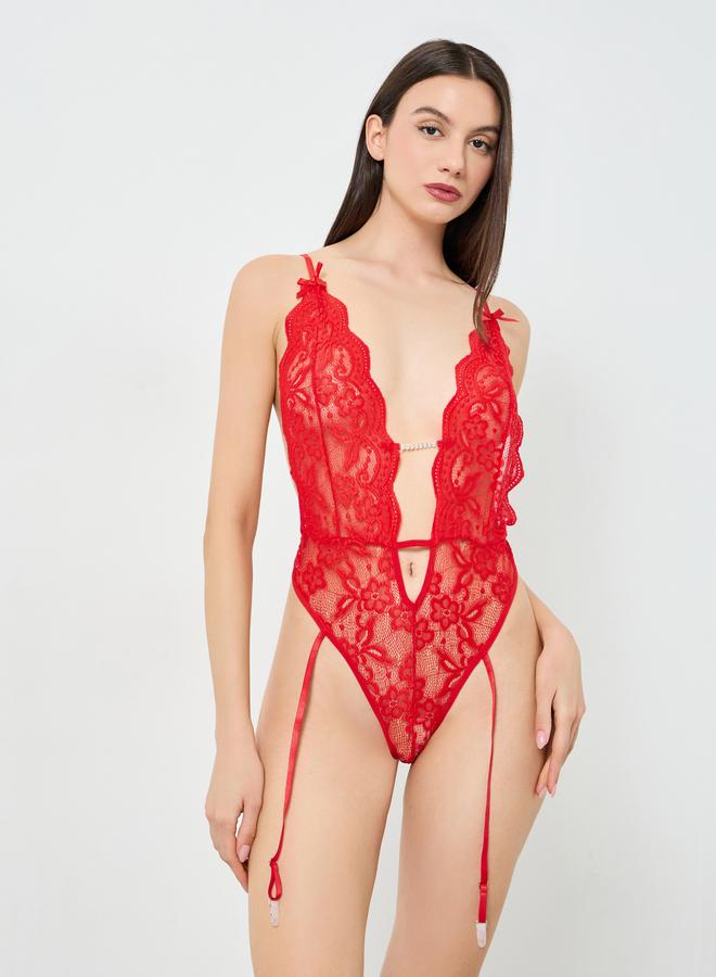 Take Two Red Lace and Mesh Babydoll with Garters and Brief Set - Image 2