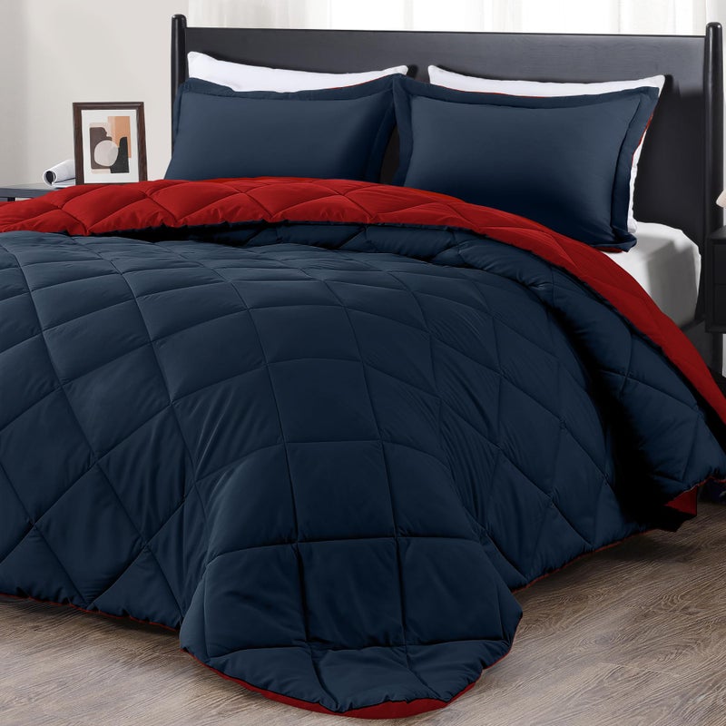 downluxe King Size Comforter Set  Red and Navy King Comforter Soft Bedding Sets for All Seasons 3 Pieces  1 Comforter 104x92 and 2 Pillow Shams20x36