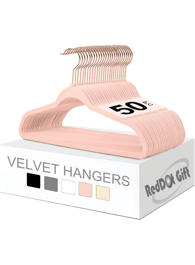 Red Dot Gift Red Dot Gift® 50-Pack Rose-Pink 45cm Non-Slip Velvet Hangers & Rose Golden 360 Degree Rotatable Hook - Durable & Slim - Non Slip Hangers for Coat Hangers - Pant Hangers - Image 1