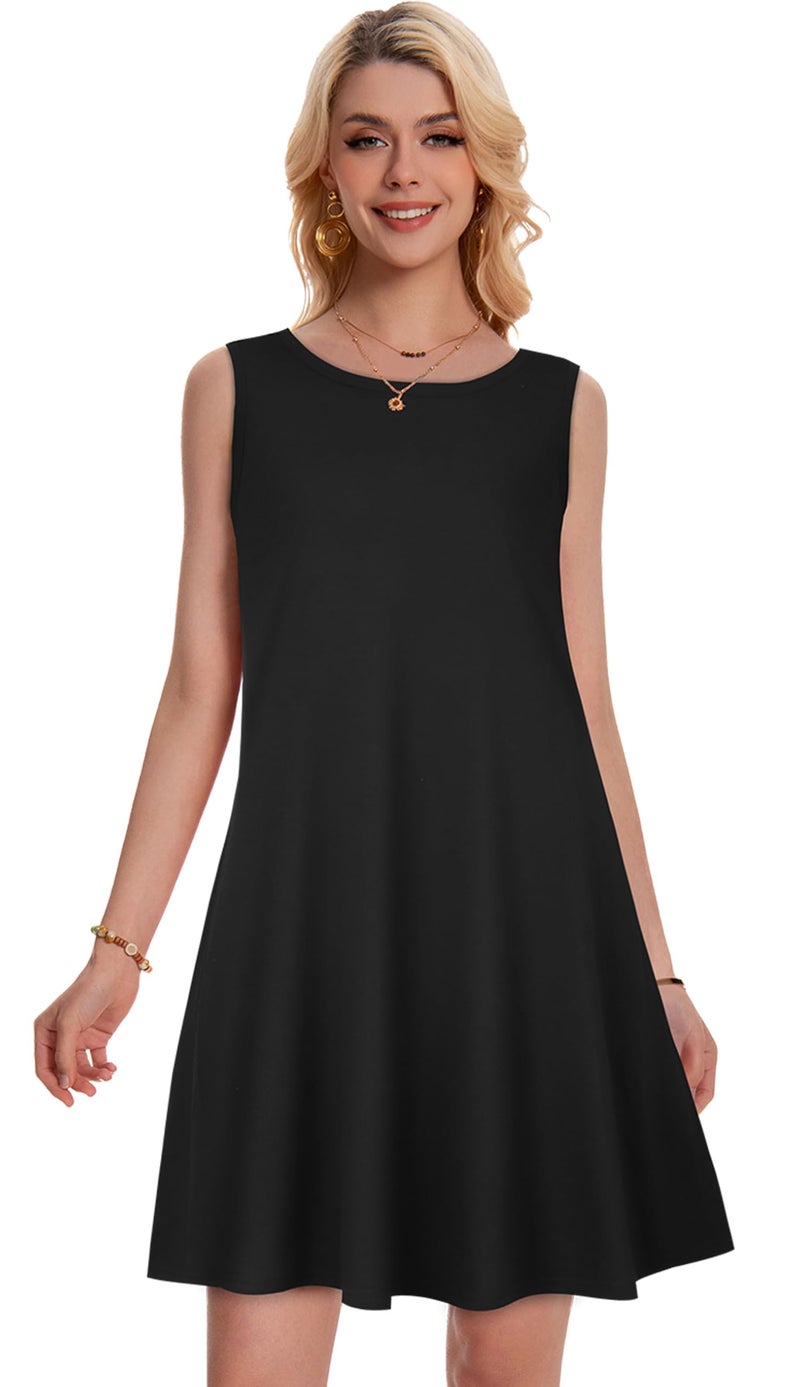 elescat Womens Casual Tank Dresses for Summer Flowy Plus Sleeveless Mini Pocket Sun Dress(Solid Black,XL) - Image 5