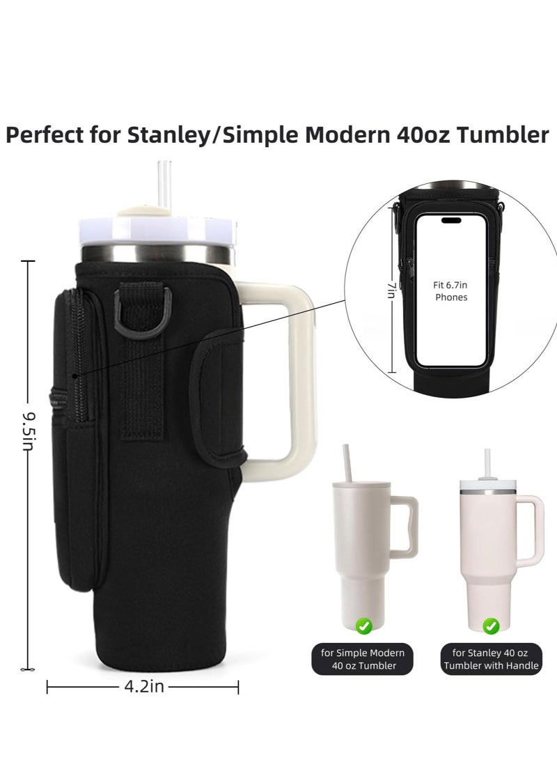 Water Bottle Carrier Bag for Stanley 40oz Tumbler Water Bottle Holder with Pouch and Adjustable Strap Sleeve Accessories with Pocket for 40oz Cup (Black)  - Image 2