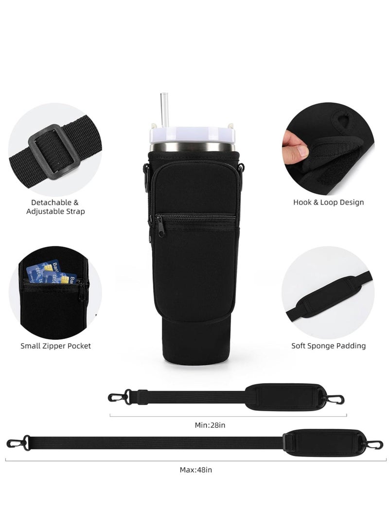 Water Bottle Carrier Bag for Stanley 40oz Tumbler Water Bottle Holder with Pouch and Adjustable Strap Sleeve Accessories with Pocket for 40oz Cup (Black)  - Image 3