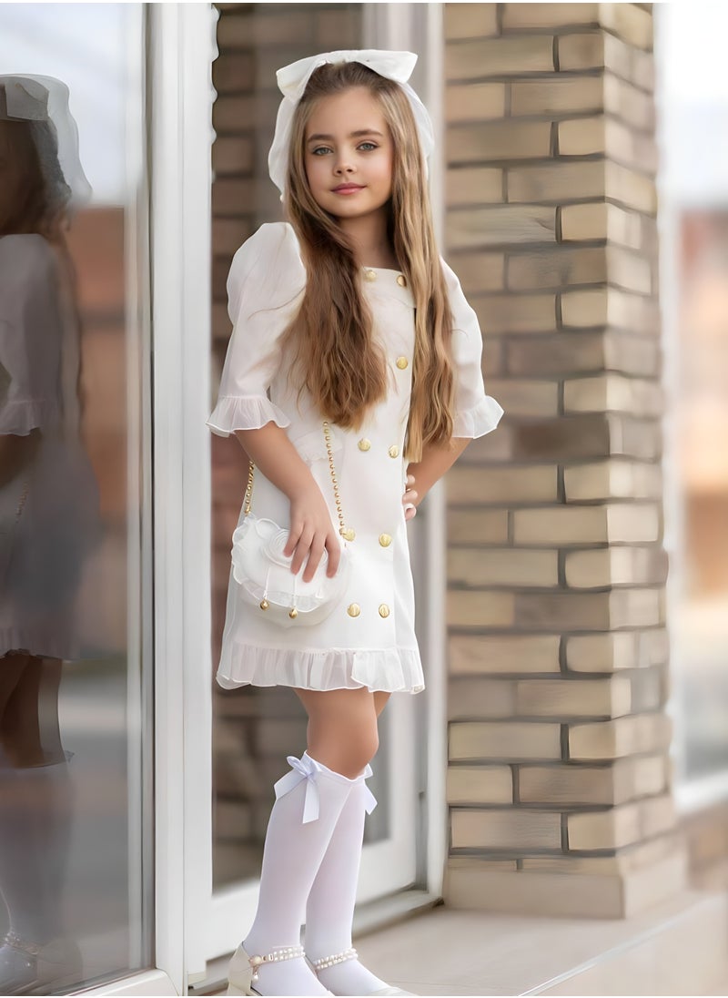 OLUDENIZ Dress Chic 4-Piece Girls' Celebration Ensemble: Includes Dress, Hair Clip, Handbag, and Long Socks - Coordinated Colors, Made in Turkey  - Image 2