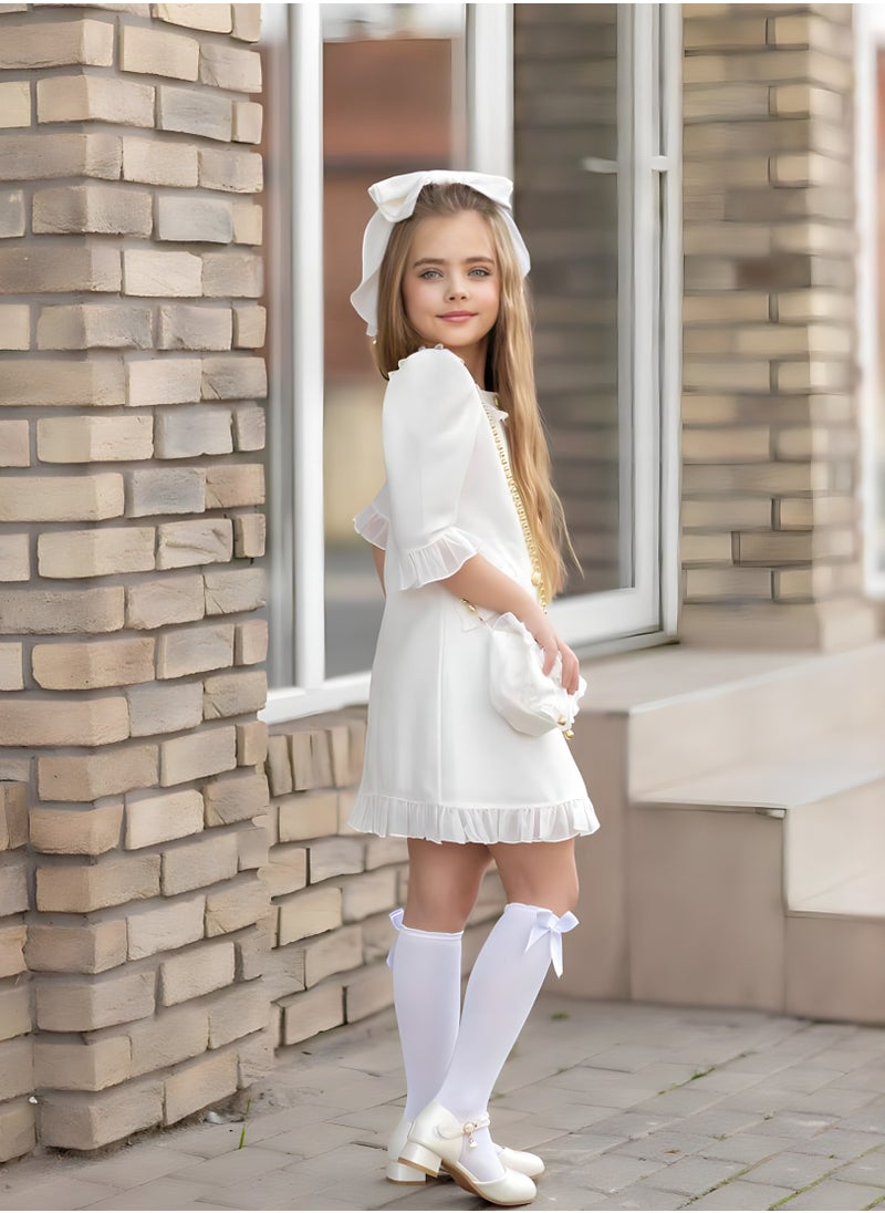 OLUDENIZ Dress Chic 4-Piece Girls' Celebration Ensemble: Includes Dress, Hair Clip, Handbag, and Long Socks - Coordinated Colors, Made in Turkey  - Image 1
