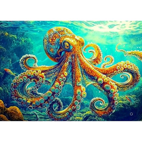 MINIWAN Vibrant Oil Painting Style Giant Octopus Jigsaw Puzzles for Adults 1000 Pieces Colorful Underwater Common Octopus Jigsaw Puzzle Gift for Marine Animal Art Lovers 275x197 Inch - Image 1