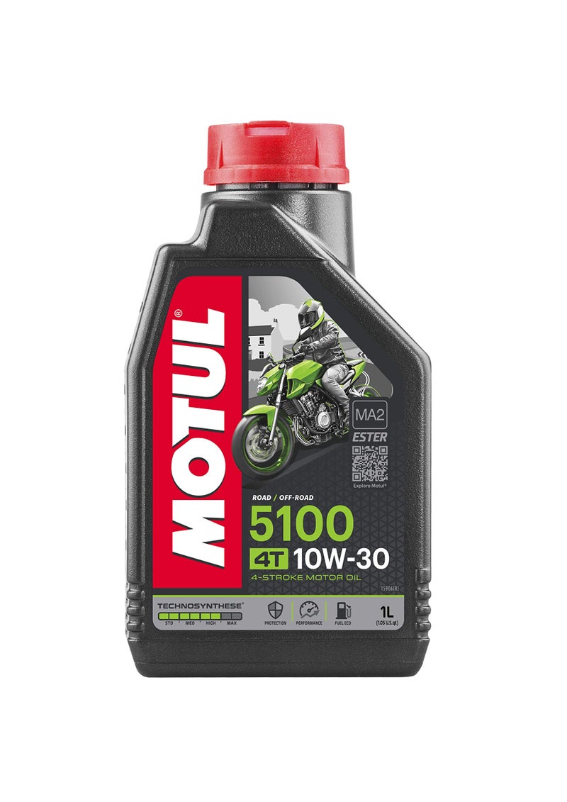 MOTUL زيت محرك دراجات نارية شبه صناعي موتول 5100 4T هجين 10W-30 - أداء API SM، تغيير تروس سلس وحماية متقدمة للمحرك، 1 ل (104062) - Image 1