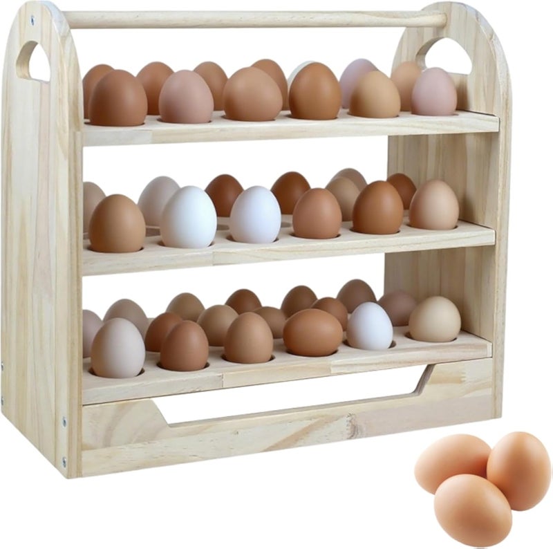 حامل بيض خشبي بثلاثة أرفف، مزود بمقبض، يتسع لـ 54 بيضة، رف تخزين بيض قابل للفصل، مثالي للمطبخ أو ديكور المنزل الريفي.
