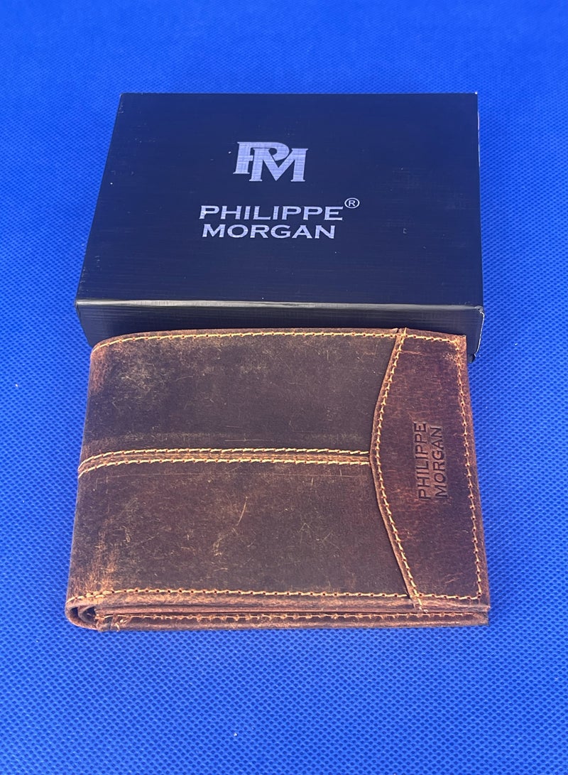 فيليب مورجان محفظة كلاسيكية من الجلد الطبيعي ذات الطي الفردي باللون البني للرجال - Image 1