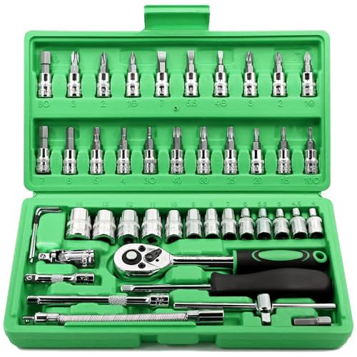Egofine 46 Pieces 14 inch Drive Socket Ratchet Wrench Set with Bit Socket Set Metric and Extension Bar for Auto Repairing and Household with Green Storage Case - Image 1