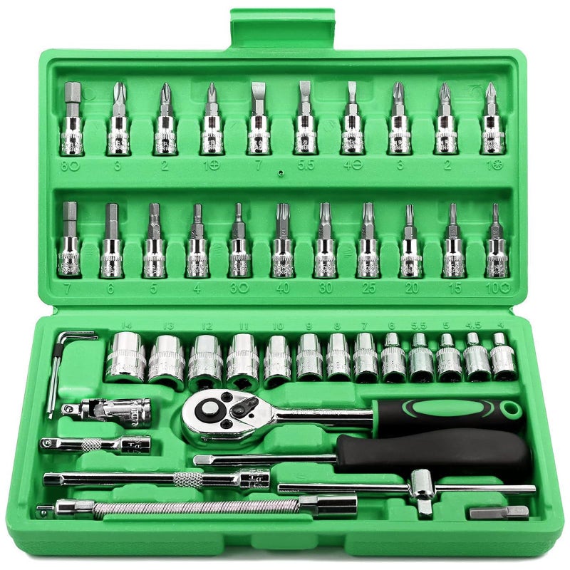 Egofine 46 Pieces 14 inch Drive Socket Ratchet Wrench Set with Bit Socket Set Metric and Extension Bar for Auto Repairing and Household with Green Storage Case - Image 2