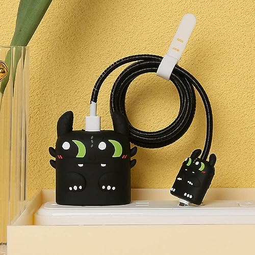 INEFABLE Charger Case Cover Protector with 3D Cute Pattern for iPhone Charger only 18W & 20W, Data Charging Cable Wire Saver Protective Cable Cover Full Protection - Set Of 1 (Black Dragon) - Image 1