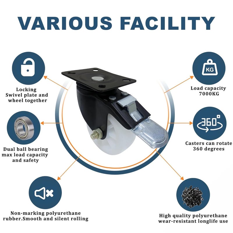 Impex IMPEX 4 Caster Wheels Swivel Plate with Brake Lock For Trolley Truck 75MM Heavy Duty upto 1200 lbs Castor Wheel for FurnitureCounter 360 Rotating Castor Wheel Set of 4 Wheel Color Design May vary - Image 3