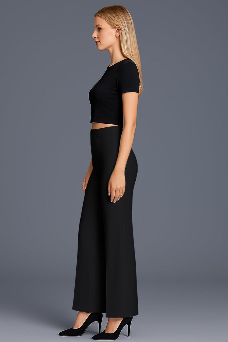 SWADESI STUFF Women’s High Waisted Bell Bottom Pants | Retro Wide Leg Trousers | Stretchy Flared Palazzo Pants for Office, Casual Wear & Party (in, Alpha, S, Regular, Black) - Image 3