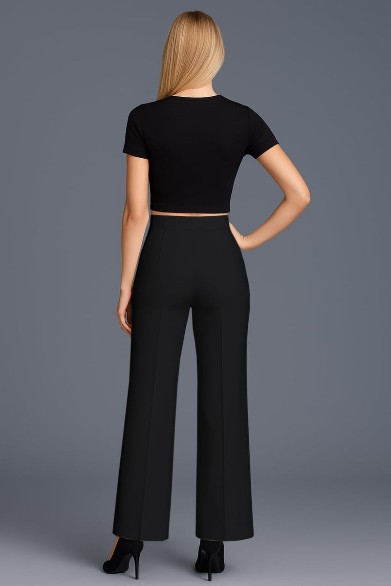SWADESI STUFF Women’s High Waisted Bell Bottom Pants | Retro Wide Leg Trousers | Stretchy Flared Palazzo Pants for Office, Casual Wear & Party (in, Alpha, S, Regular, Black) - Image 4