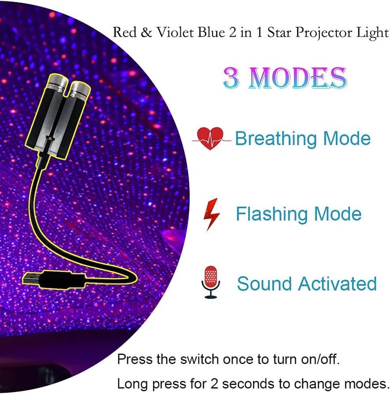 LEDCARE USB Star Night Lights Projector, LEDCARE Sound Activated 3 Modes 2 in 1 Interior Car Roof Lamp, Adjustable Romantic Portable LED Lights for Car Ceiling Bedroom Decoration, Red Purple - Image 2