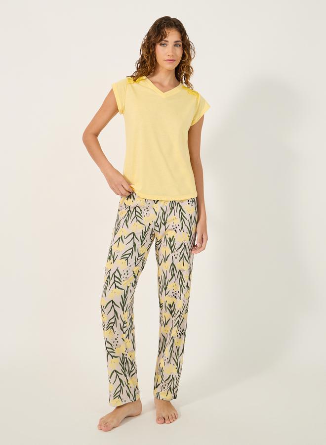 Styli Lace Insert V-Neck T-Shirt and Printed Pyjama Set  - Image 2