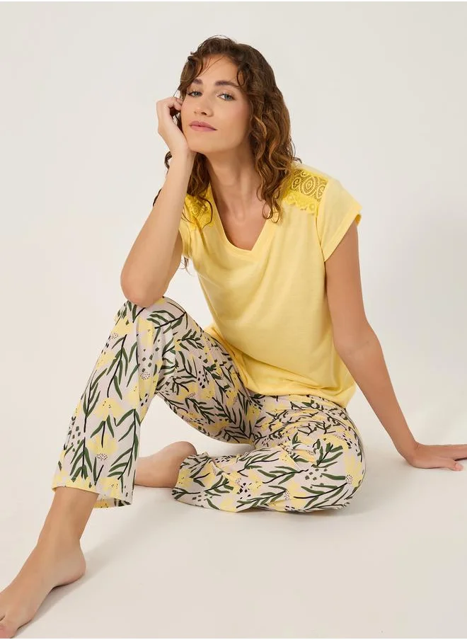 Styli Lace Insert V-Neck T-Shirt and Printed Pyjama Set