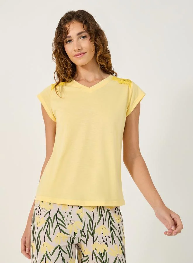 Styli Lace Insert V-Neck T-Shirt and Printed Pyjama Set