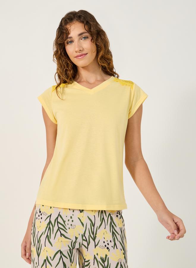 Styli Lace Insert V-Neck T-Shirt and Printed Pyjama Set  - Image 3
