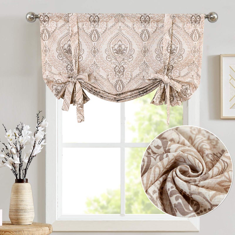 jinchan Jinchan Linen Tie up faLance for Kitchen Room Farmhouse Damask Paisley Rod Pocket Teacable Tie-up Shade-Valance Multicolor Medallion Starter Window Window 54 inch Long 1 Pane 1 taupe  - Image 2