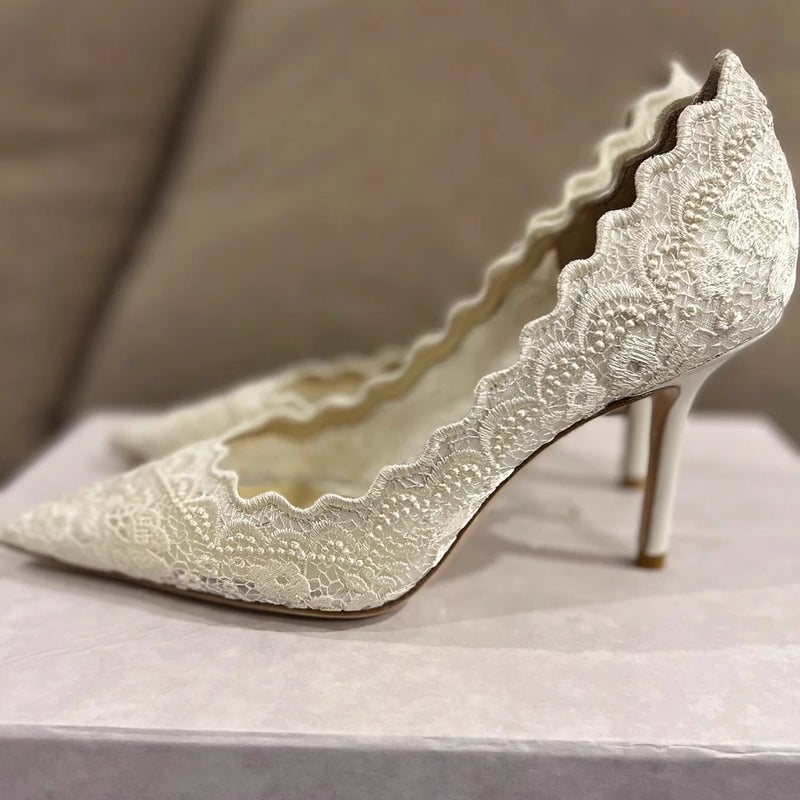 Pointed Stiletto Heel Hollow Embroidered Mesh High Heels 2025 Lace White Single Shoes Wedding Dress Bridal Shoes For Women - Image 2
