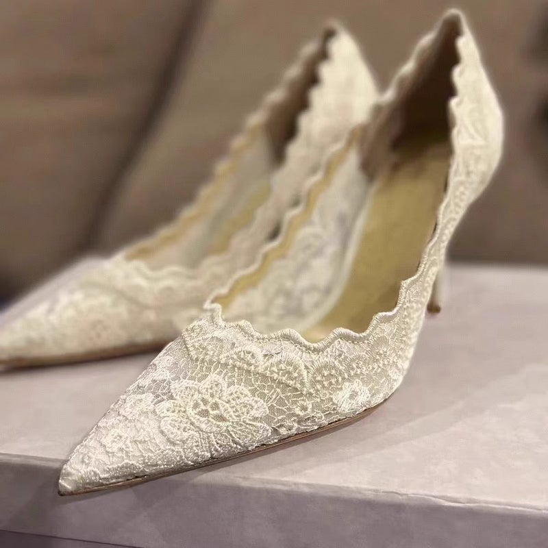 Pointed Stiletto Heel Hollow Embroidered Mesh High Heels 2025 Lace White Single Shoes Wedding Dress Bridal Shoes For Women - Image 5