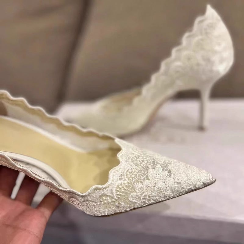 Pointed Stiletto Heel Hollow Embroidered Mesh High Heels 2025 Lace White Single Shoes Wedding Dress Bridal Shoes For Women - Image 4