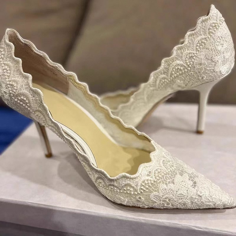 Pointed Stiletto Heel Hollow Embroidered Mesh High Heels 2025 Lace White Single Shoes Wedding Dress Bridal Shoes For Women - Image 3