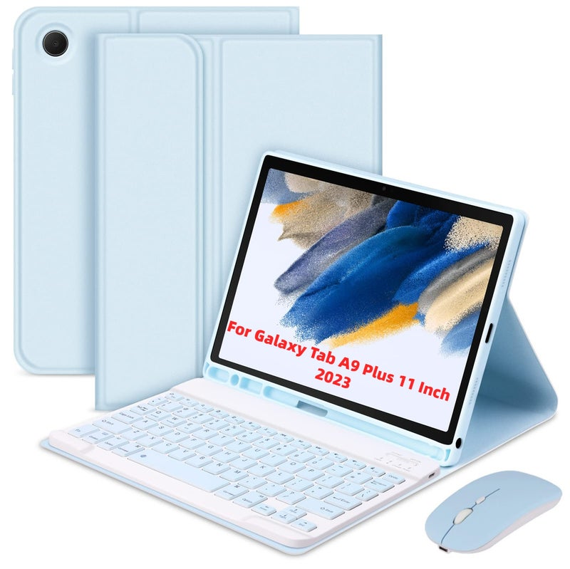 Detachable Tablet Case: Sky Blue, PU Leather & ABS Material, 360° Shockproof Protection - Quiet Scissor Foot BT Keyboard, Adjustable Stable Support, Pen Slot for Samsung Galaxy Tab A9 8.7-Inch SM-X110 - Image 1