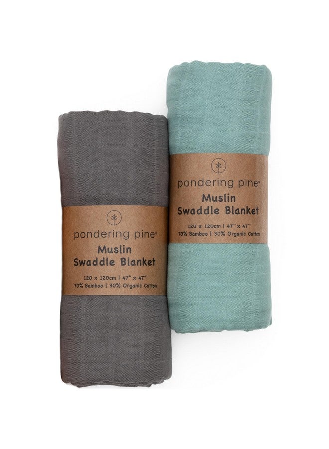 Pondering Pine Organic Baby Muslin Swaddle Blankets - Solid Grey And Blue Swaddle Blanket 2 Pack - Soft Organic Cotton And Natural Bamboo Muslin, Xlarge And Breathable, 47" X 47" - Image 1