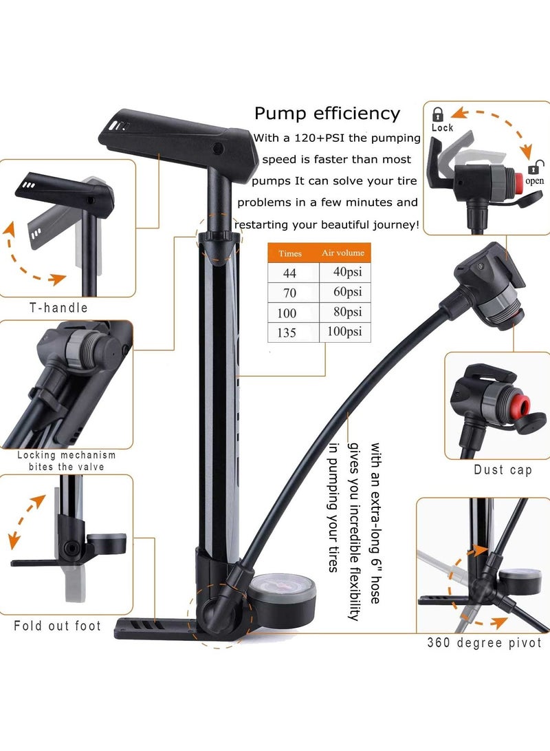 KASTWAVE Mini Bike Pump with Gauge Portable Bicycle Tire Pump 120 PSI Bike Air Pump fits Presta & Schrader & Dunlop Valve Road MTB Bike Pump Comes with Mounting Bracket Black Grey - Image 2