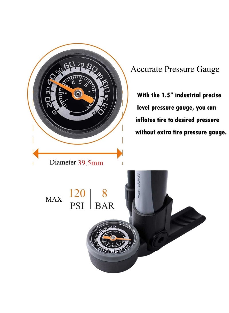 KASTWAVE Mini Bike Pump with Gauge Portable Bicycle Tire Pump 120 PSI Bike Air Pump fits Presta & Schrader & Dunlop Valve Road MTB Bike Pump Comes with Mounting Bracket Black Grey - Image 3