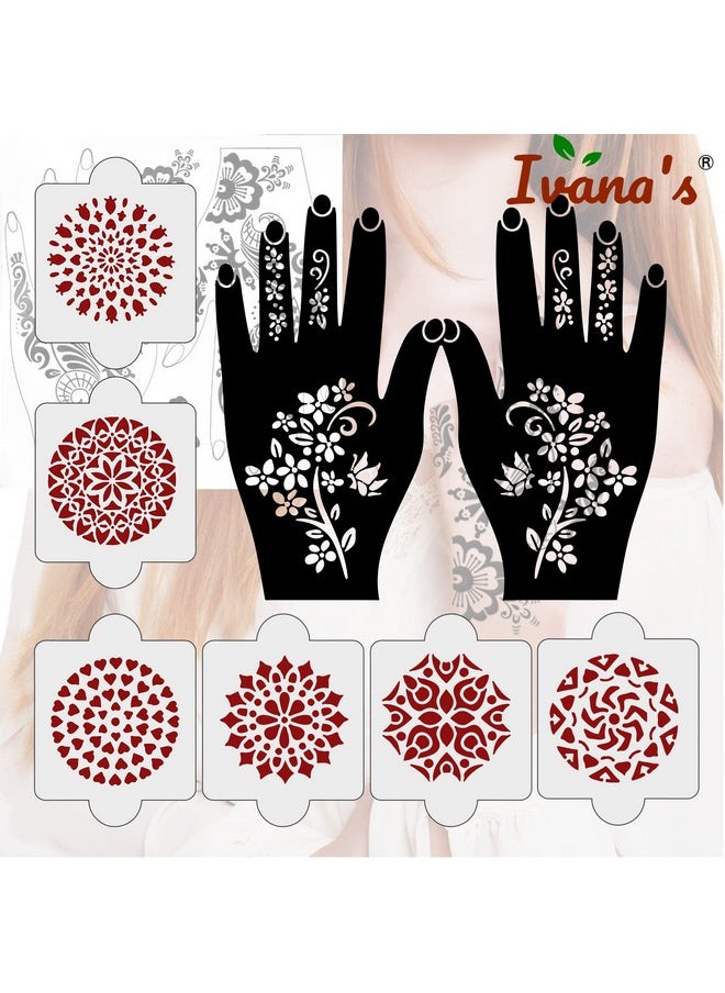 ivana's - Pack Of 8 Pcs (2 Pcs Heena Stencil Tatto + 6 Pcs Laser Cut Pvc Reusable Heena Stencils), Heena Mehandi Sticker,Mehandi Stickers For Full Hand For Women, Girls And Kids, Easy To Apply,Ivnh-1058 - Image 1