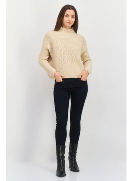 HUGO by Hugo Boss Women Mock Neck Crochet Long Sleeves Sweatshirt, Beige  - Image 4