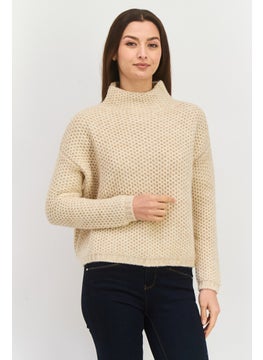 HUGO by Hugo Boss Women Mock Neck Crochet Long Sleeves Sweatshirt, Beige  - Image 1