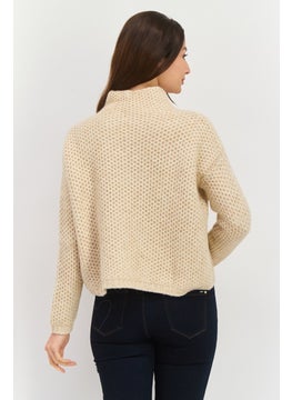 HUGO by Hugo Boss Women Mock Neck Crochet Long Sleeves Sweatshirt, Beige  - Image 2