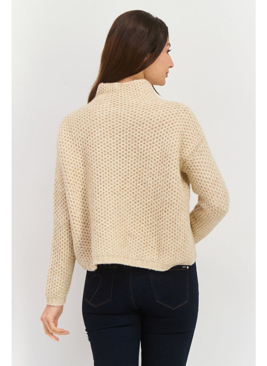 HUGO by Hugo Boss Women Mock Neck Crochet Long Sleeves Sweatshirt, Beige  - Image 2