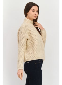 HUGO by Hugo Boss Women Mock Neck Crochet Long Sleeves Sweatshirt, Beige  - Image 3