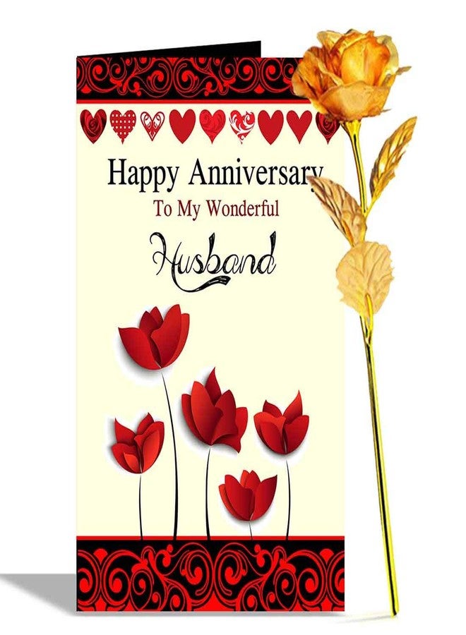Alwaysgift Happy Anniversary to My Wonderful Husband paper Greeting Card and Golden Rose Hamper - Image 1