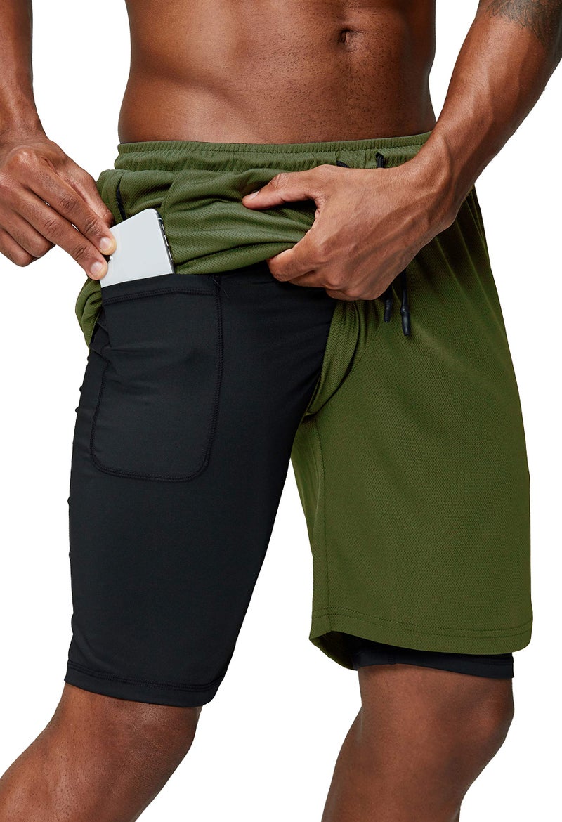 Pinkbomb Men's 2 in 1 Running Shorts Gym Workout Quick Dry Mens Shorts with Phone Pocket (Army Green, Large - Image 1