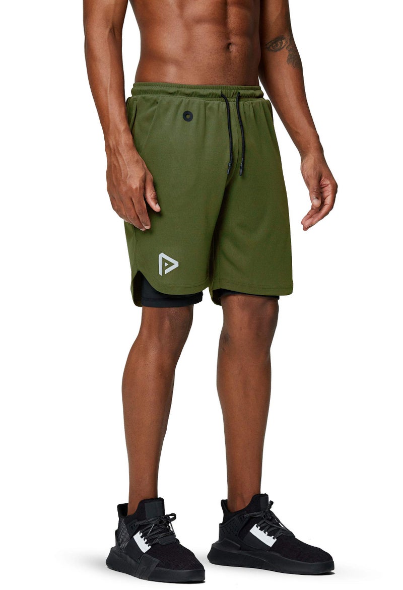 Pinkbomb Men's 2 in 1 Running Shorts Gym Workout Quick Dry Mens Shorts with Phone Pocket (Army Green, Large - Image 4
