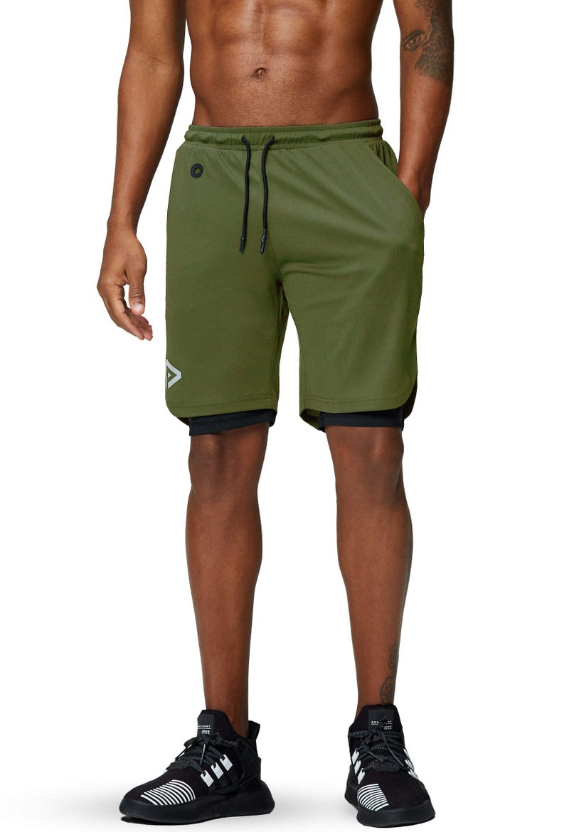 Pinkbomb Men's 2 in 1 Running Shorts Gym Workout Quick Dry Mens Shorts with Phone Pocket (Army Green, Large - Image 3