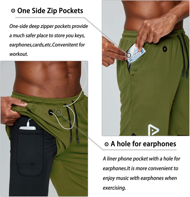 Pinkbomb Men's 2 in 1 Running Shorts Gym Workout Quick Dry Mens Shorts with Phone Pocket (Army Green, Large - Image 2