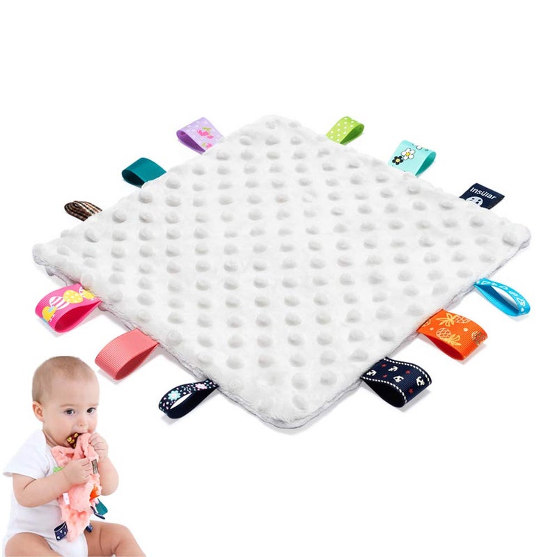 Baby Tags Security Blankets  Baby Soothing Plush Blanket with Colorful Tags 10x10 Square Sensory Toys for 3 Months Babies Boys and Girls Grey