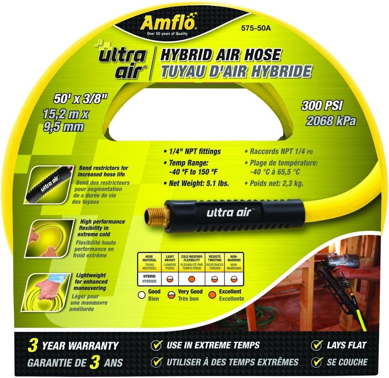 Amflo Ultra Hybrid Air Hose 3/8" x 50' - Non-Kinking, 300 PSI, Yellow - Image 2