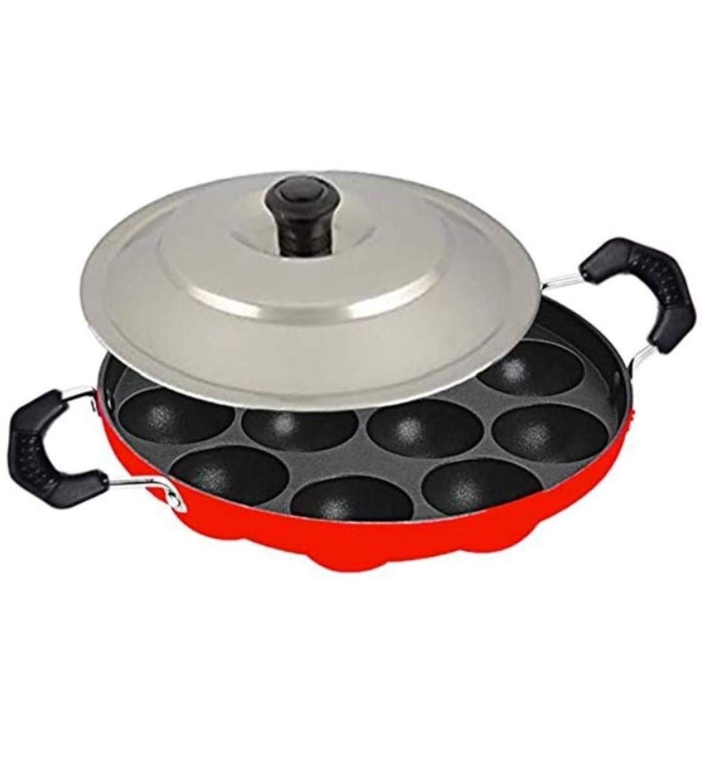 KD ZONE Aluminium Non-Stick 12 Cavities Appam Patra with Lid and Scrub Paniyarrakal Paniyaram Appam Maker - 1.25 cm, Pack of 1, Red - Image 3