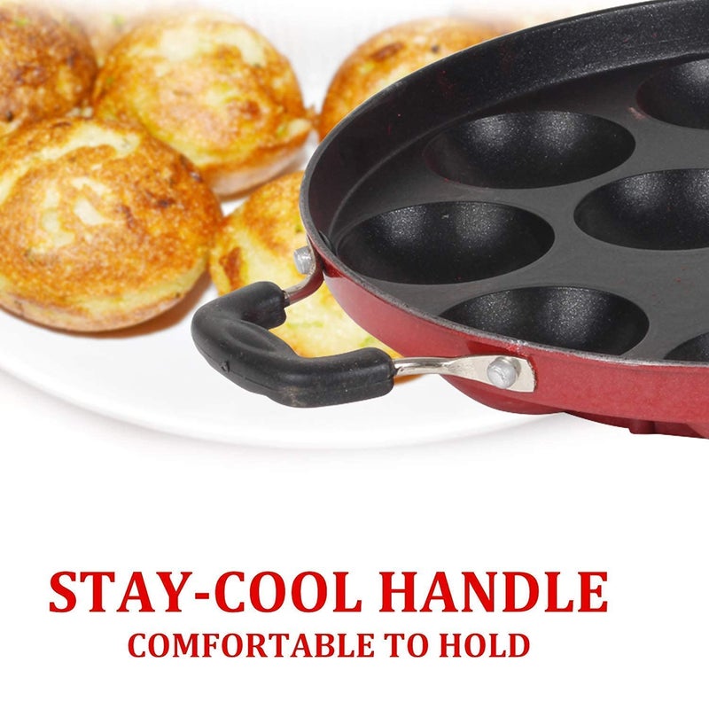 KD ZONE Aluminium Non-Stick 12 Cavities Appam Patra with Lid and Scrub Paniyarrakal Paniyaram Appam Maker - 1.25 cm, Pack of 1, Red - Image 4