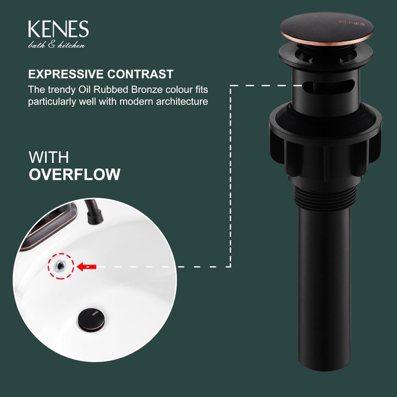 KENES Oil Rubbed Bronze Pop Up Bathroom Sink Drain with Overflow, Lavatory Bathroom Vanity Sink Drain Stopper, Sink Drain Assembly with Overflow Anti Clog Pop Up Drain - Image 3