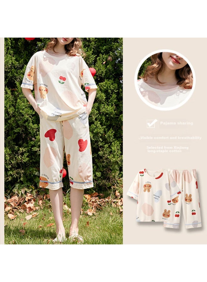 Fenton Fenteng New Women's Summer Cotton Thin Short-sleeved Seven-point Pants Full Cotton Home Service Set Apricot S - Image 4