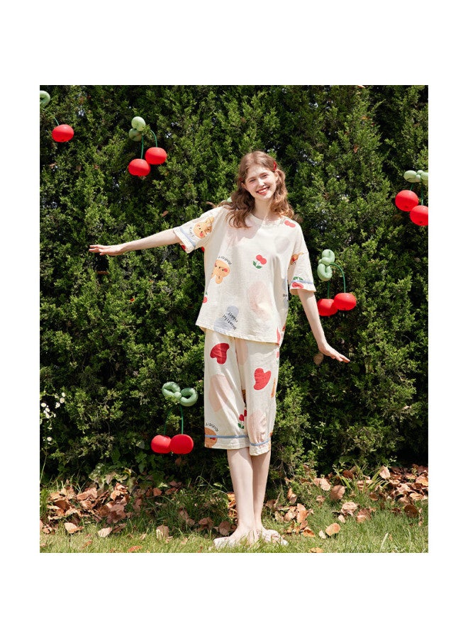 Fenton Fenteng New Women's Summer Cotton Thin Short-sleeved Seven-point Pants Full Cotton Home Service Set Apricot S - Image 3
